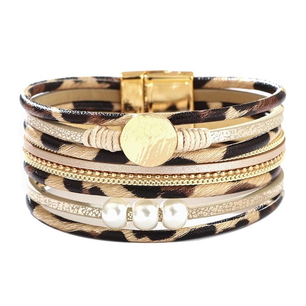 PUOSUO Leopard Bangle Bracelets for Women - Multi Layers Casual
