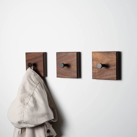 WOODS Square Wooden Coat Hooks, Handmade in Bavaria, Individually or as a Coat Rail, Towel Rail (3 Pieces, Walnut, Black Hooks)