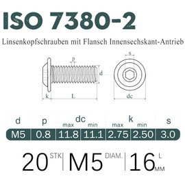 Screws M5, Pack of 20 Rounded Head Screws Stainless Steel Screws M5 x 16 mm A2 V2A 304 Rustproof, MeHurr Hexagon Socket (ISK) Screws with Flange, Machine Screws ISO7380-2, Screw Full Thread