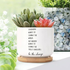 DecStic Everybody Wants to Change The World Ceramic Planters Bible Verse Flower Pots for Indoor Plants with Drainage Holes and Saucers Pot for Succulents Cactus Garden Windowsill