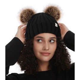 Hat Hut Winter Hats for Women Satin Lined Beanie Hats Knit Winter Cap for Women Faux Fur Double Pom Pom Beanie (CA/US, Alpha, One Size, B2-Black 2 Brown Poms)