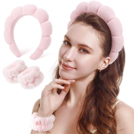 AQOKKA Spa Headband for Washing Face Wristband Set Sponge Skincare Makeup Headband for Women Soft Terry Cloth Fabric Hairband Puffy Shower Hair Accessories