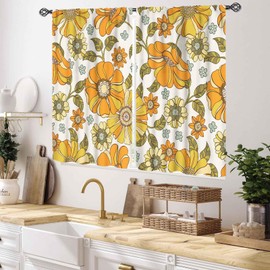 Retro 70S Floral Curtains, Vintage Funky Hippie Groovy Boho Orange Daisy Flower Trippy Modern Aesthetric Cafe Small Short Curtains Drapery for Kitchen Bedroom Living Room 2 Panels Set, 55x39 Inch