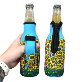 12 oz Beer Bottle Handler - Neoprene Bottle Sleeve with Pocket Handle - Insulated Beer Sleeves, Sunflowers