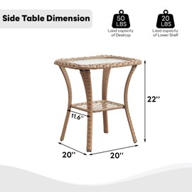 Belord Small Outdoor Side Table - 50 LBS Weight Capacity Wicker Side Table with Storage, Tempered Glass Top Patio Side Table for Porch Balcony Deck Yellow