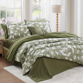 BLOOMHAVEN Full Comforter Set -7 Pieces Botanical Olive Green Comforter Set for All Seasons, Bed in a Bag Full with Flowers Floral Comforter, Sheets, Pillowcases & Shams