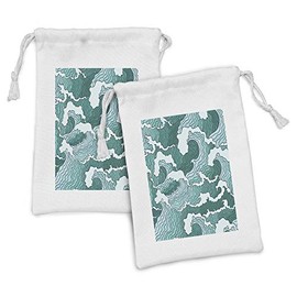 Lunarable Japanese Fabric Pouch Set of 2, Far Eastern Pattern Hand Drawn Style Wavy Lines with Nautical Inspirations, Small Drawstring Bag for Toiletries Masks and Favors, 9" x 6", Turquoise and Teal