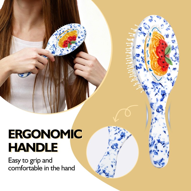 Hand-Painted Hair Brush, Blue White Porcelain Pasta Design Acetate Comb,