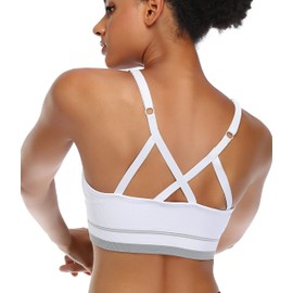 ANGOOL Women's Sports Bra Adjustable Shoulder Strap Sports Bustier Women's Padded Strong Hold Seamless Jogging Yoga Fitness Bra, White, l