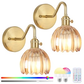 Battery Operated Wall Sconce Vintage,Battery Wall Sconces Set of Two with RGB Dimmable Remote Control,Rechargeable Wireless Wall Lights with Remote for Bedroom Living Room (Amber)