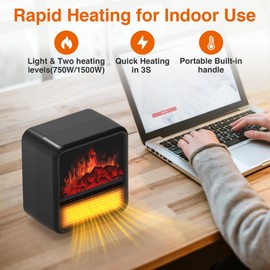 Riseon Small Portable Space Heater for Indoor use with Realistic 3D Flame, Mini Electric Fireplace Heater with Thermostat, 1500W/750W PTC Ceramic Heating, Tip-Over Safety Switch, Black
