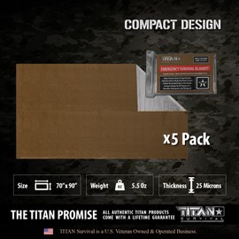 TITAN Survival XL Mylar Survival Blankets 5 Pack 70” x 90” - 90% Heat Retention & Waterproof Design - Emergency Blanket Cold Weather Protection & Survival Kits - Durable Space Blanket for Outdoor Use