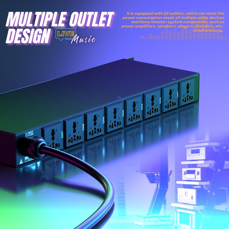10 Outlet Power Conditioner, 3000W 1U Rack Mount Power Sequencer