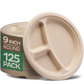 100% Compostable, 3 Compartment, Disposable Paper Plates [125-Pack] - {PFAS Free} - {BPA Certified} - [9 Inch] Heavy Duty Biodegradable Bagasse Sectional Lunch Trays + Dividers - Divided Platte Tray