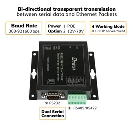DTECH Serial to Ethernet Converter Adapter RS232 RS422 RS485 to TCP IP Device Server Supports DHCP DNS Modbus RTU/TCP 10/100M Power Over Ethernet POE
