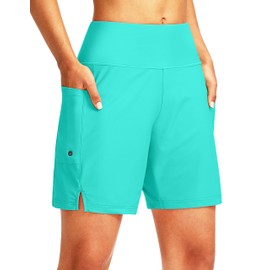 G Gradual Women's 7" Long Swim Board Shorts High Waisted Quick Dry Beach Swimming Shorts for Women with Liner Pockets(Cyan,L)