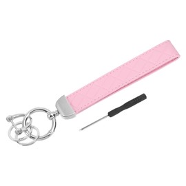 PATIKIL Leather Wristlet Keychain, Key Fob Wristband with 2 Key Rings and Anti-Lost D Ring for Men Women, Silver/Pink