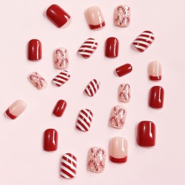 Christmas Red Press on Nails with French Tips Designs Short Square Fake Nails Christmas Candy Cane Stripes False Nails Glossy Full Cover Acrylic Nails Red Curve Line Nails for Women Girls 24Pcs