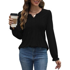 CHICZONE Womens V Neck Pleated T Shirts Casual Fall Tops Puff Long Sleeve Work Tunic Blouse Black