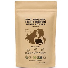 100% Organic USDA Henna Powder For Hair Dye - Natural Hair Color, Best For Hair, Soft Shiny & Healthy Hair, No Chemical or Additive, Including application gloves & hair cap - LA GREEN 100g… (Light Brown)