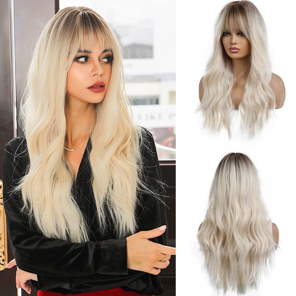 Esmee 26 Inch Long Blonde Wig with Fringe Natural Synthetic Hair Ombre Blonde Wavy Wig with Dark Roots for Women Daily Party Cosplay Wear
