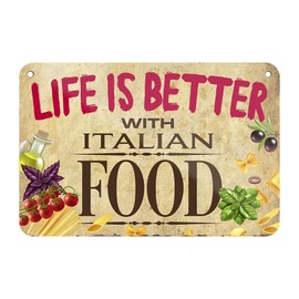 Life is better with Italian food - funny metal sign with cord and suction cup - funny tin sign for lovers of Italian cuisine - decoration restaurant pizzeria pizza snack - 18 x 12 cm