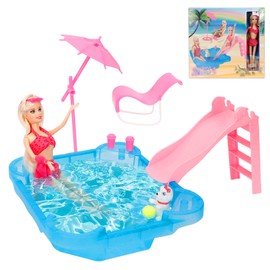 MOKIDOLL Blond Hair Doll Glam Pool and Slide, 12" Summer Beach Swimming Suit Doll Playset, with Umbrella and Chair. Great Gift for Girls Age 3 4 5 6 7 (with Doll)