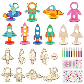 Ayamuba 24 Pieces Rocket Space Wooden Craft Set Rocket for Painting Shape Unfinished, DIY Space Birthday Party Decoration, for Girls Boys DIY Crafts Nursery
