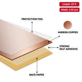 Mirror Copper PVC 5/8 inch x 25 ft Edge Banding Peel Stick Tape Adhesive Metal Edging Veneer Aluminum Trim Flexible Strip Molding MDF Wood Cabinet Laminate Shelf Furniture Countertop Formica Plywood