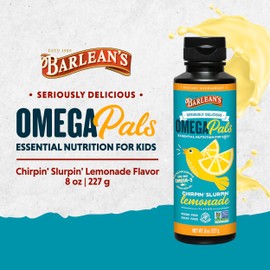 Barlean's Omega Pals Chirpin' Slurpin' Omega 3 for Kids, Yummy Lemonade Flavored Children's Liquid Fish Oil Supplement with 540 mg of EPA and DHA for Brain and Eye Health, 8 oz | Barlean's