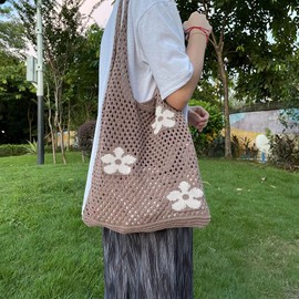 Crochet Tote Bag Fairycore Hobo Bag for Women Fairy Grunge Aesthetic Tote Bag Fairy Grunge Accessories, Brown, One Size