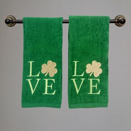 Serafina Home St. Patrick's Day Irish Kitchen Bath Guest Hand Towels: Soft Absorbent Embroidered Green and Gold Shamrocks Clovers Love Design, 100% Cotton, Green, 16" x 25"