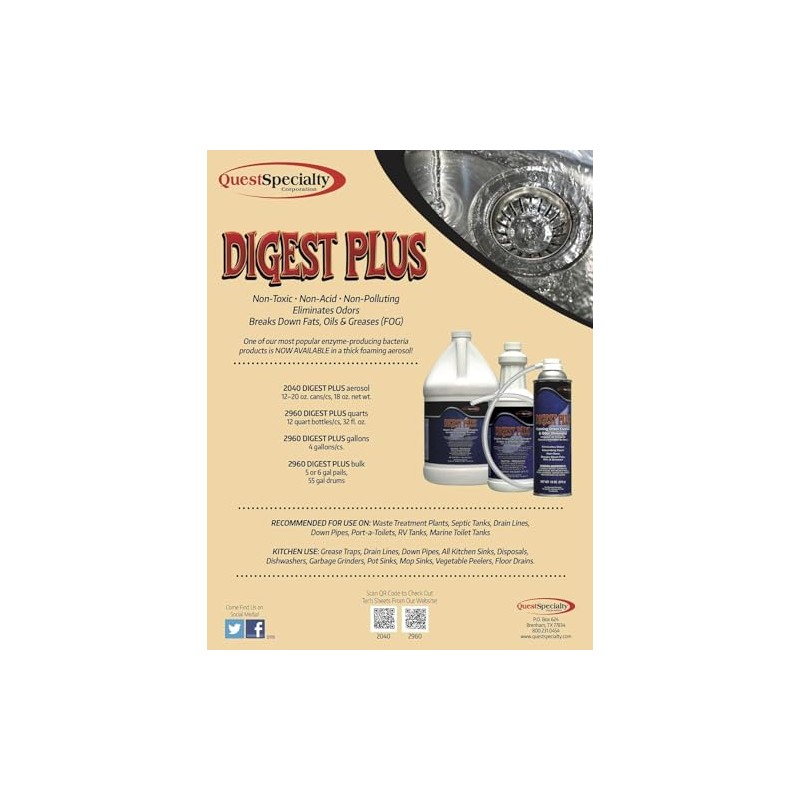 Quest Specialty DIGEST PLUS Foaming Drain Cleaner and Odor Eliminator,