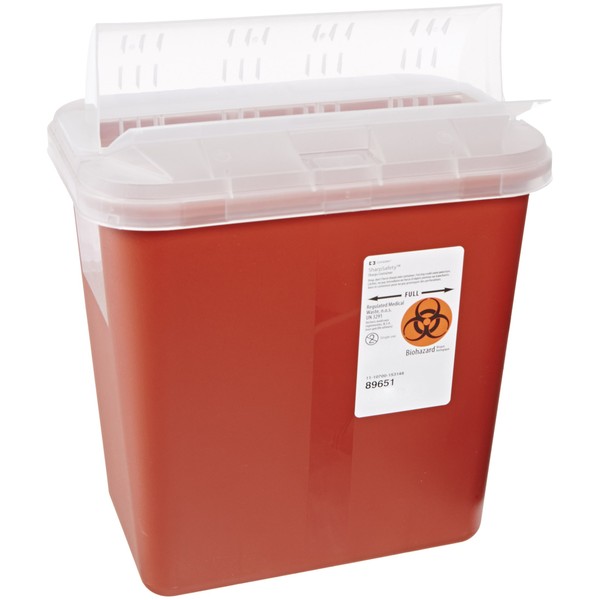 Kendall 89651 SharpSafety Sharps Biohazard Waste Container with Horizontal-Drop Opening Lid, 2 Gallon Capacity, Red (Case of 20)
