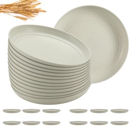 HEYCOME 12 Pcs Unbreakable Deep Dessert Plates Set, 8 inch Reusable Plastic Wheat Straw Plates, Microwave and Dishwasher Safe Plate for Kitchen, Lightweight Plate for Dessert, BPA Free, Beige