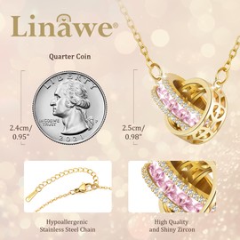 Linawe Pink Gold Necklaces for Women, Dainty Moissanite Imitation Diamond Crystal Birthstone Rhinestone Cubic Zirconia Interlocking Circle Pendant, Hypoallergenic Stainless Steel Chain