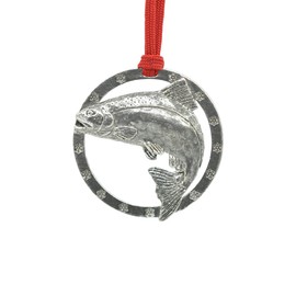 Handcrafted Antique Pewter Chinook Salmon Leaping Hanging Holiday Ornament Gift for Fishermen for Decorating Wreaths and Christmas Trees - Made in United States - SKU F043OR