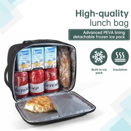 DAWAN freezable Insulated lunch bag,Built in detachable ice pack, Black, Insulated Cooler Tote with Handle for men or women, Keeps food cold or hot 8 to 10 hours, Meal Prep for Work Picnic golf