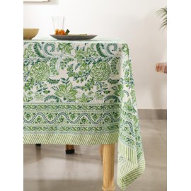Labhanshi Indian Handblock Print Floral 100% Cotton Pre-Washed Rectangle Table Cloth|72x135 Inch 10-Seater Large Decorative Table Cover|Thanksgiving Valentine Day Festive Holiday Decor|Green Veins