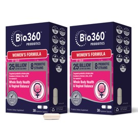 Bio360 Probiotics for Women, Vaginal & Digestive Health, Targeted Probiotic Formula 8 Strains 25 Billion CFU, Cranberry, Zinc & Vitamin B2, Stable Blister Pack, 30 Vegan Supplements (2 Pack)