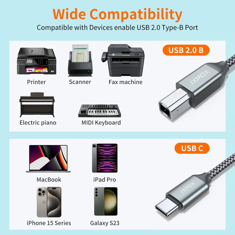 JXMOX USB B to USB C Printer Cable, (6.6ft 2-Pack)