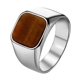 JewelryWe Tiger's Eye Ring, Signet Ring for Men, Stainless Steel Men's Ring, Square Finger Ring with Brown Tiger's Eye Stone, Vintage Statement Ring for Wedding, Birthday, Anniversary, Tiger's Eye