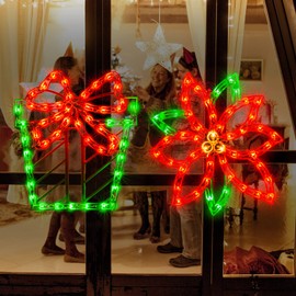 LAMPHOME 2PACK Lighted Poinsettia Flower and Xmas Gift Christmas Window Silhouette Decoration Lights for Christmas,Party,Home,Patio Lawn,Garden