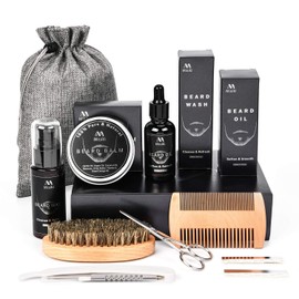 Beard Kit for Men Beard Grooming & Care, Natural Beard Wash/Shampoo Beard Brush Beard Comb Beard Balm Mustache Scissors & Storage Bag with Trimming Tool, Gifts for Husbands Boyfriend