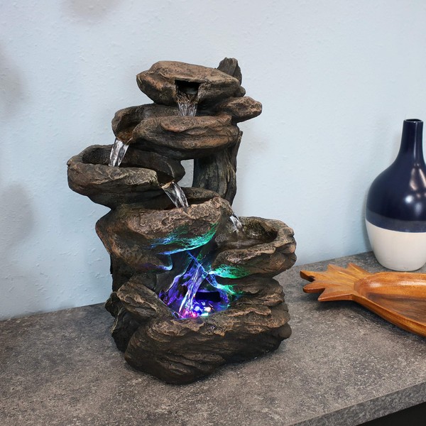 Sunnydaze Staggered Rock Falls 13.5-inch 6-Tier Tabletop Fountain with Colored LED Lights - Electric Submersible Pump