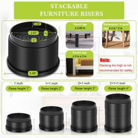 Yookwutar 12 Pack Furniture Risers 2 or 4 Inch, Adjustable Bed Risers Heavy Duty for Table Desk Couch Chair Sofa Cabinet Bed Frame Dorm, Round Stackable Table Leg Risers Lift Height 2" or 4", Black