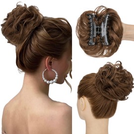 SLEEKALON Claw Clip Messy Bun Hair Piece 100% Real Human Hair Buns Curly Wavy Tousled Bun Scrunchies for Women Light Brown Clip in Bun Hair Extension