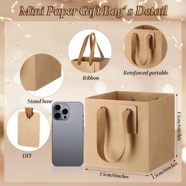 Windyun 50 Pcs Mini Paper Gift Bags with Handle 6 x 6 x 6'' Square Small Favor Bag with DIY Thank You Tag for Birthday Wedding Bridal Shower Bridesmaid Graduation Holiday Party(Kraft)