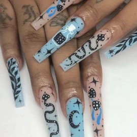 Kamize Long Press on Coffin Nails Fake Snake Nails Gradient Full Cover Acrylic False Blue Matte Nails for Women and Girls 24PCS