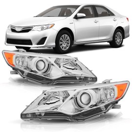 Headlight Assembly Compatible with 2012 2013 2014 Toyota Camry L/Se/Le/Xle Halogen Headlamp Pair, Chrome Housing Amber Reflector
